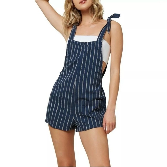 O’Neill Blue & White Stripe Woven Romper Overalls w/ Pockets | Size L - Picture 1 of 10